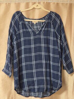 HESTER & ORCHARD Blue White Squares Cotton 100% 3/4 Sleeve Shirt Top Size M
